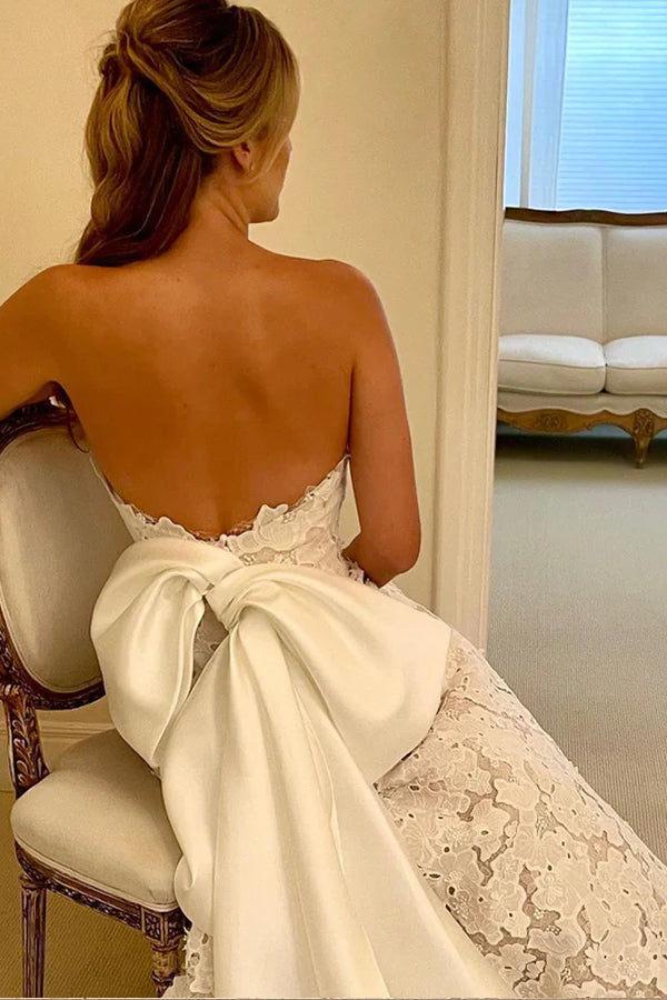 Floral Lace Strapless A Line Boho Ivory Wedding Dress with Satin Bowtie WD634