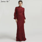 Sale Flowers Pearls Long Sleeves Mermaid Evening Dresses Muslim Fashion Elegant  Formal Dress 2025 Plus Size LA6293