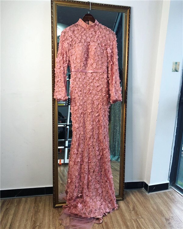 Sale Flowers Pearls Long Sleeves Mermaid Evening Dresses Muslim Fashion Elegant  Formal Dress 2025 Plus Size LA6293