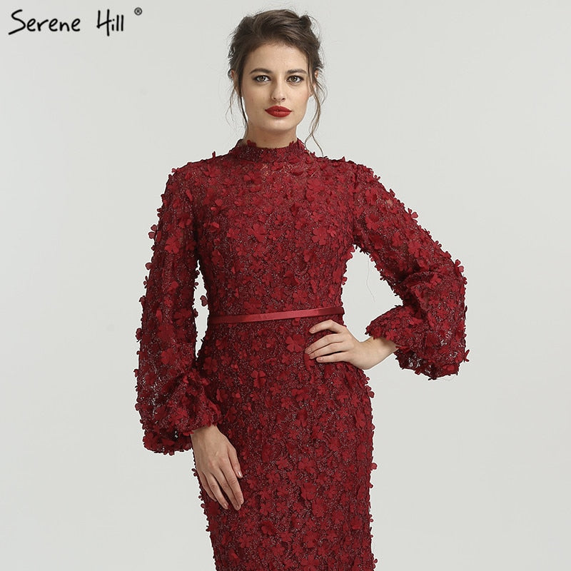 Sale Flowers Pearls Long Sleeves Mermaid Evening Dresses Muslim Fashion Elegant  Formal Dress 2025 Plus Size LA6293