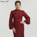 Sale Flowers Pearls Long Sleeves Mermaid Evening Dresses Muslim Fashion Elegant  Formal Dress 2025 Plus Size LA6293