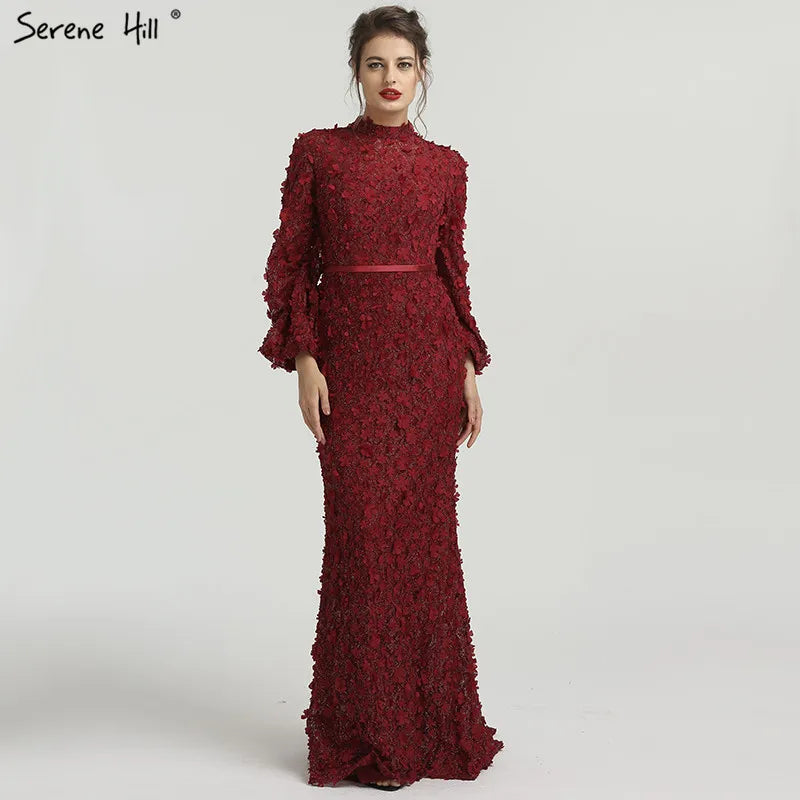 Flowers Pearls Long Sleeves Mermaid Evening Dresses Muslim Fashion Elegant  Formal Dress 2025 Plus Size LA6293