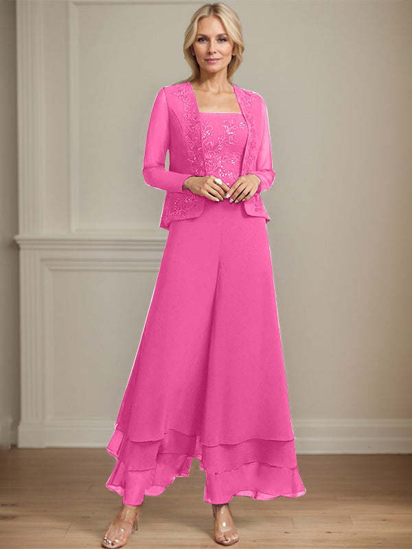 Conjunto de pantalón y chaqueta de dos piezas, corte cuadrado, largo hasta el tobillo, encaje, gasa, vestido de madre de la novia con lentejuelas 