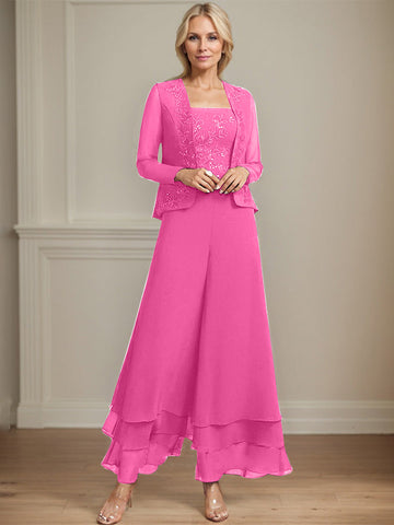 Separates Jumpsuit/Pantsuit Square Ankle-Length Lace Chiffon Mother of the Bride Dress With Sequins