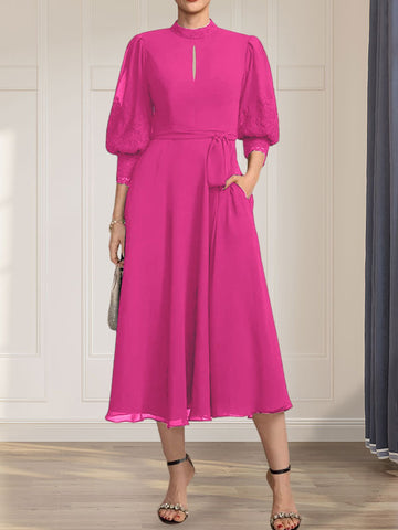 A-line High Neck Tea-Length Lace Chiffon Mother of the Bride Dress With Bow