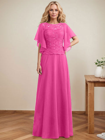 Vestido de novia de corte A, escote redondo, ilusión, largo hasta el suelo, de encaje y gasa con lentejuelas. 