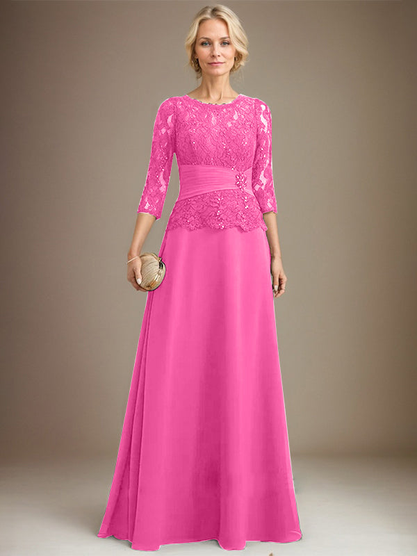 Vestido de corte A, escote ilusión, largo hasta el suelo, de gasa y encaje, para la madre de la novia, con lentejuelas plisadas y pedrería. 