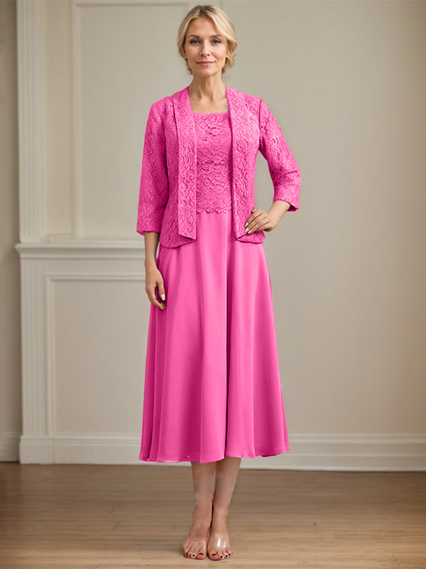 Vestido de corte A con escote redondo y largo hasta la rodilla en gasa de encaje para la madre de la novia 