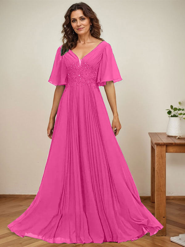 Vestido de corte A, escote en V, largo hasta el suelo, de gasa, para la madre de la novia, con apliques de lentejuelas y encaje plisado. 