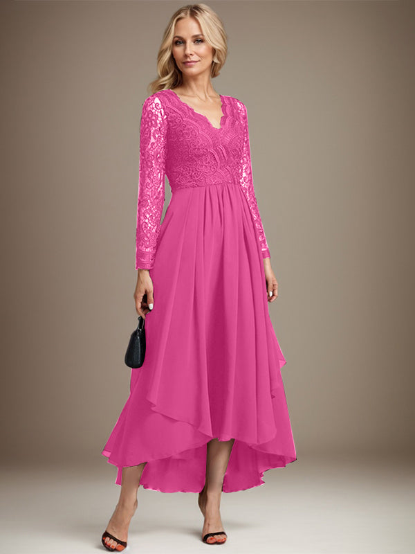 Vestido de novia de gasa con encaje asimétrico, escote en V y corte en A para la madre de la novia 