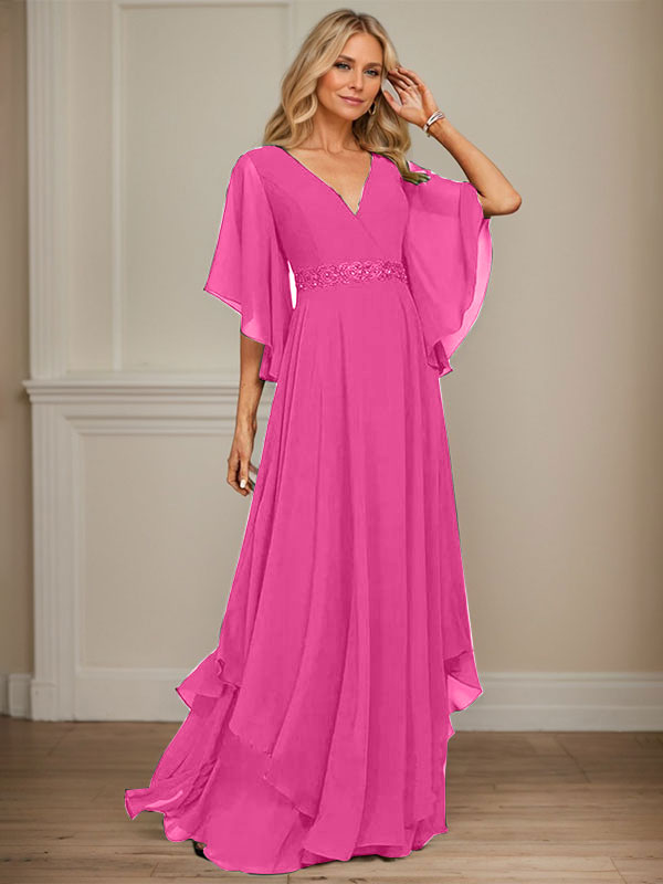 Robe de mariée longue en mousseline de soie, coupe trapèze, col en V, ornée de sequins, d'appliques de dentelle et de perles, idéale pour la mère de la mariée. 