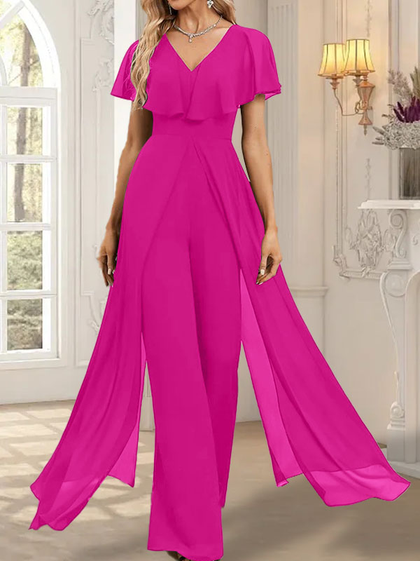 Combinaison-pantalon robe de soirée longue en mousseline à col en V