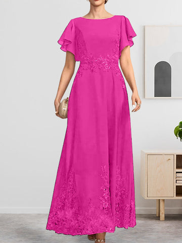 A-line Scoop Ankle-Length Lace Chiffon Mother of the Bride Dress With Sequins