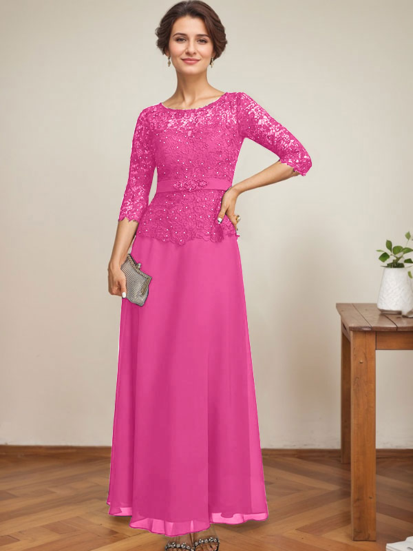 Vestido de novia corte A, escote redondo ilusión, largo hasta el tobillo, de gasa y encaje, con pedrería y detalles de diamantes de imitación. 
