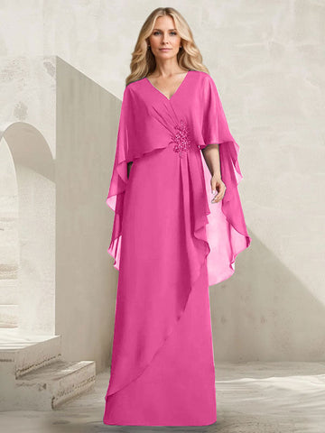 A-line V-Neck Floor-Length Chiffon Mother of the Bride Dress With Cascading Ruffles Beading