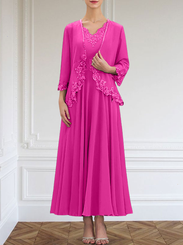 Vestido de corte A, escote en V, largo hasta el tobillo, de gasa, para la madre de la novia, con apliques de lentejuelas, encaje y pedrería.
