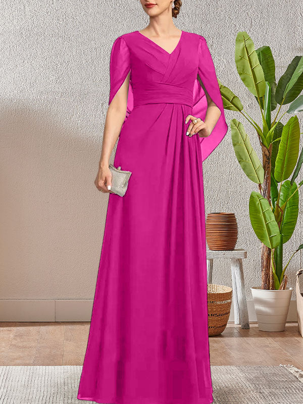 Vestido largo azul marino oscuro de corte A con escote en V para la madre de la novia
