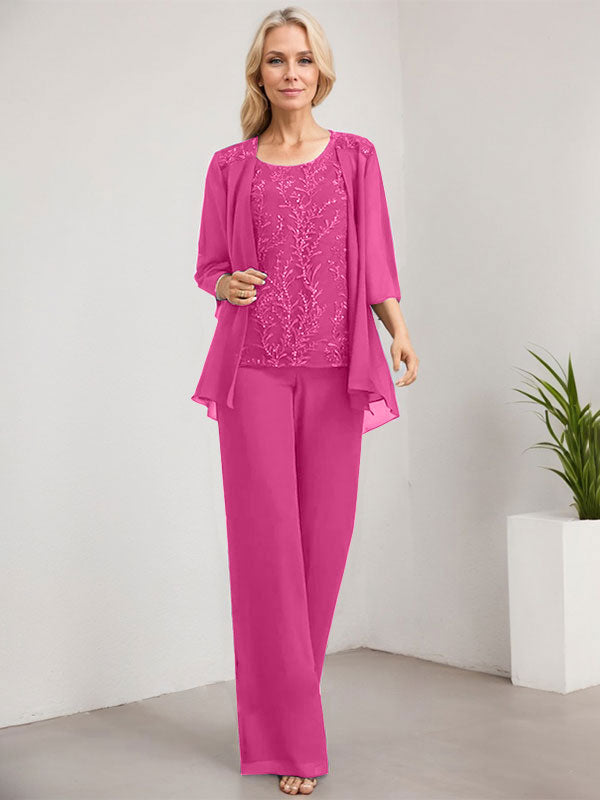 Vestido de novia de gasa con encaje y lentejuelas, estilo mono/pantalón, largo hasta el suelo, con escote redondo.