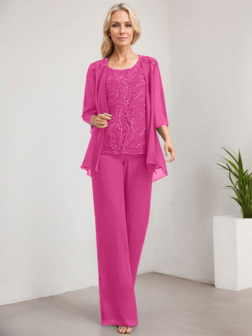 Separates Jumpsuit/Pantsuit Scoop Floor-Length Lace Chiffon Mother of the Bride Dress With Sequins