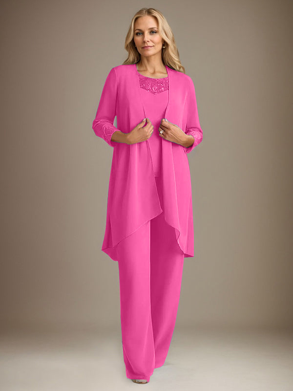 Traje pantalón de gasa con escote redondo y mangas largas para la madre de la novia, con chaqueta. 