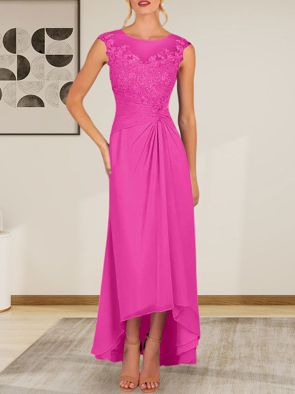 Champagne A-Line Scoop Lace Chiffon Dress