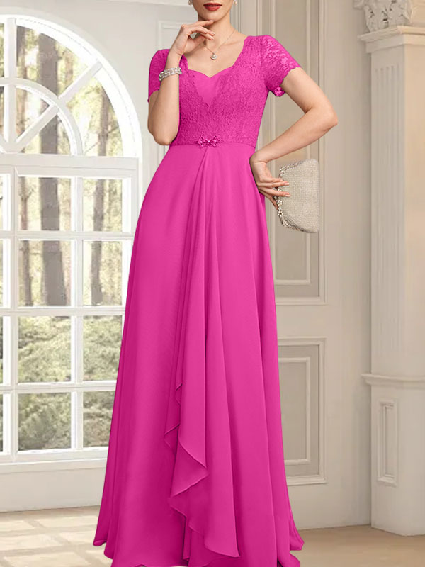 Vestido de corte A, escote corazón, largo hasta el suelo, de gasa, encaje, con cuentas y volantes en cascada para la madre de la novia.