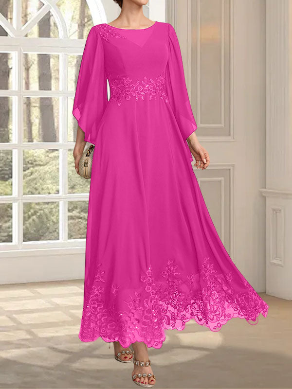 Robe de mère de la mariée en mousseline de dentelle, coupe trapèze, décolleté illusion, longueur cheville, ornée de sequins 