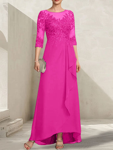 A-line Scoop Illusion Asymmetrical Lace Chiffon Mother of the Bride Dress With Sequins Cascading Ruffles