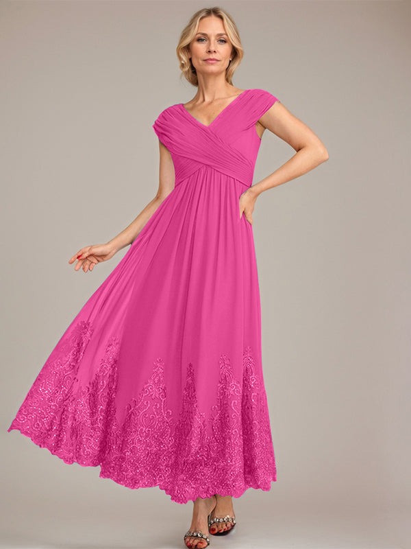 Vestido de gasa de corte evasé, escote en V, largo hasta el tobillo, para la madre de la novia, con apliques de lentejuelas. 