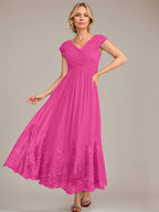 Vestido de gasa de corte evasé, escote en V, largo hasta el tobillo, para la madre de la novia, con apliques de lentejuelas. 