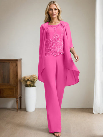Separates Jumpsuit/Pantsuit Scoop Floor-Length Chiffon Lace Mother of the Bride Dress With Beading Sequins