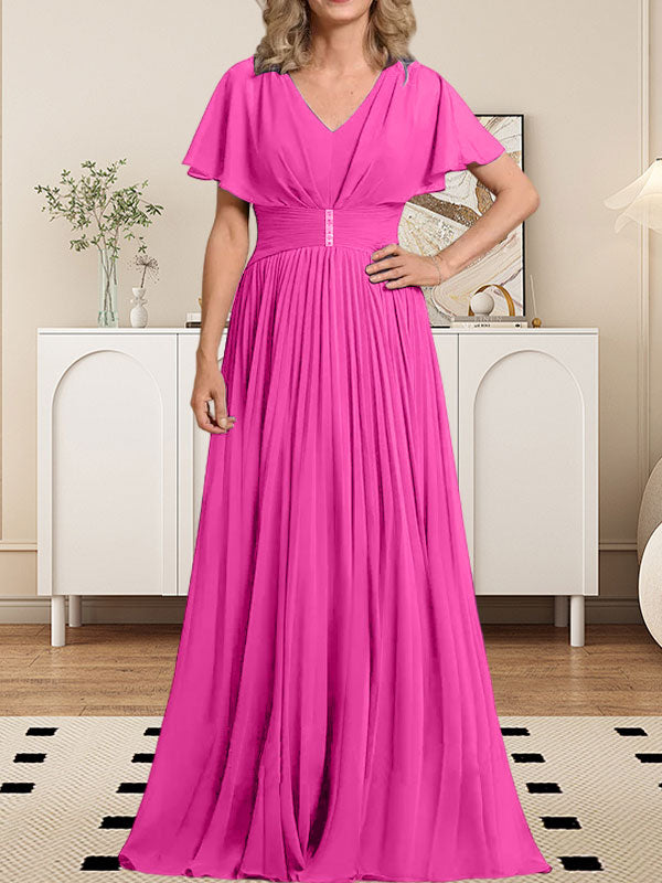 Vestido de gasa de corte A, escote en V, largo hasta el suelo, para la madre de la novia, con broche de cristal y pliegues. 