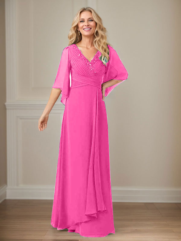 Vestido de mamá largo de gasa con lentejuelas, escote en V y corte en A
