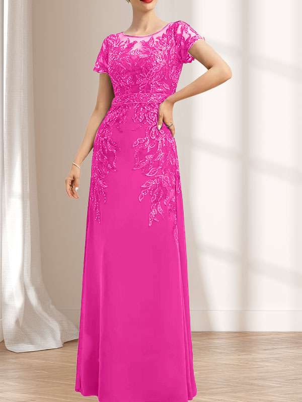 Vestido de novia de corte recto/columna, escote redondo, ilusión, largo hasta el suelo, de encaje y gasa con lentejuelas.