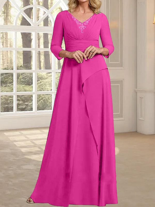 Vestido de gasa de corte A, escote en V, largo hasta el suelo, para la madre de la novia, con plisados ​​y cuentas.