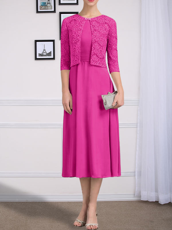Vestido de chifón de corte línea A, largo té, para la madre de la novia, con escote redondo y pliegues.