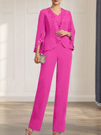 Combinaison/Tailleur-pantalon deux pièces, robe longue en mousseline à col V pour la mère de la mariée