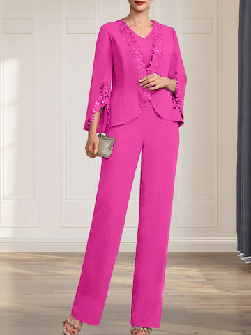 Separates Jumpsuit/Pantsuit V-Neck Floor-Length Chiffon Mother of the Bride Dress