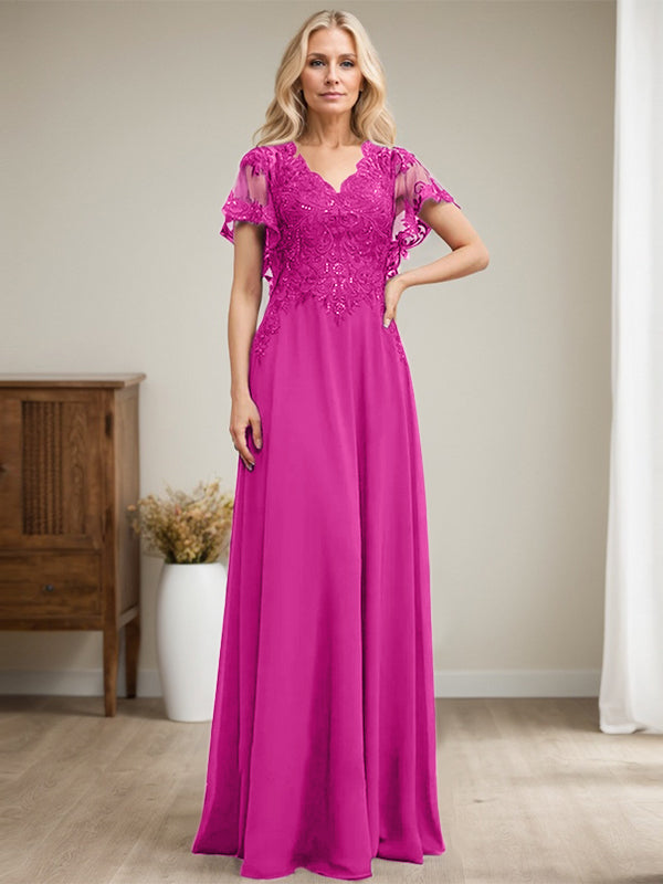 Vestido de novia de corte A, escote en V, largo hasta el suelo, de gasa de encaje con lentejuelas para la madre de la novia 