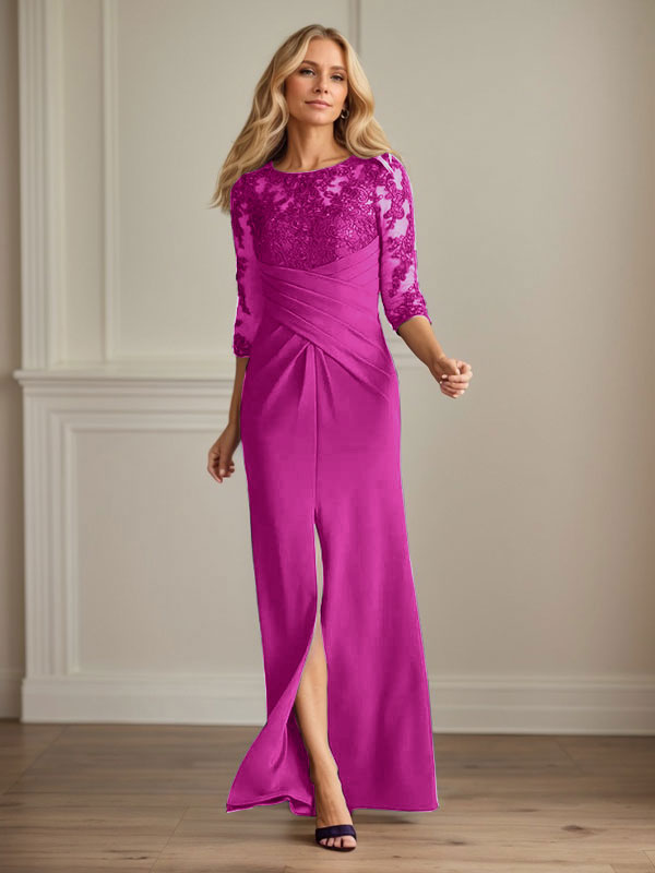 Vestido de madrina de la novia color ciruela, de encaje elástico y corte sirena. 
