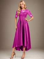 Robe de mère de la mariée asymétrique en satin stretch dentelle et dentelle, coupe trapèze, effet illusion, ornée de sequins 