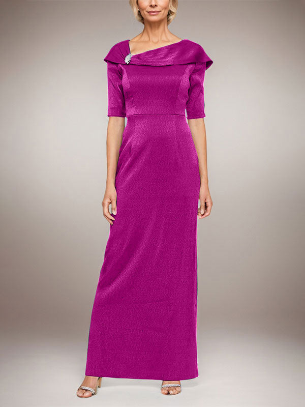 Vestido largo columna brillante con puño doblado, escote en L y mangas al codo