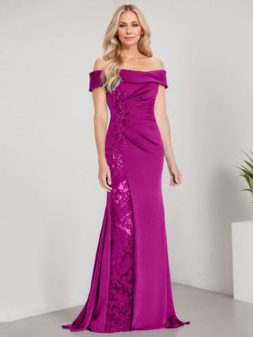 A-Line Off the Shoulder Floor-Length Mother of the Bride Dress Applique Beadings Mermaid Dress With  High Split