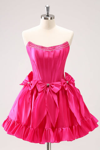 Trendy Fuchsia Strapless A-Line Satin Short Homecoming Dress with Bow