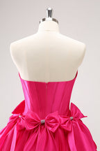 Trendy Fuchsia Strapless A-Line Satin Short Homecoming Dress with Bow