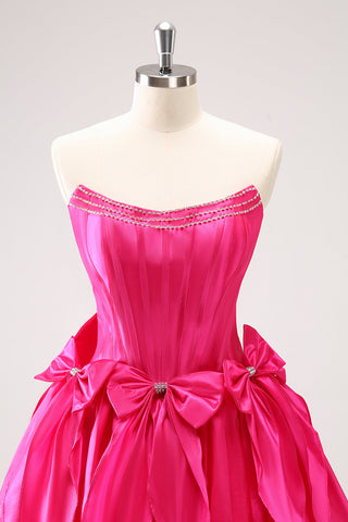 Trendy Fuchsia Strapless A-Line Satin Short Homecoming Dress with Bow