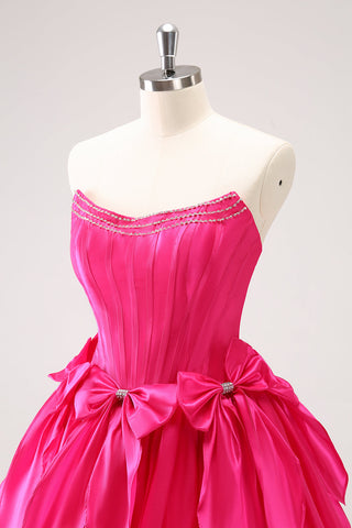 Trendy Fuchsia Strapless A-Line Satin Short Homecoming Dress with Bow