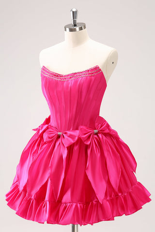 Trendy Fuchsia Strapless A-Line Satin Short Homecoming Dress with Bow
