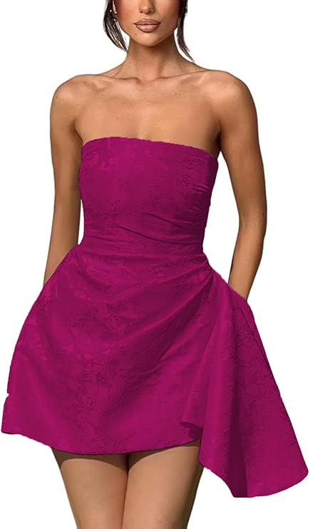 Vestido corto de fiesta de bienvenida, sin tirantes, corte en A, de satén jacquard, asimétrico, con cordones.