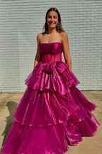 Organza A-line Strapless Ruffle Tiered Prom Dresses With Slit